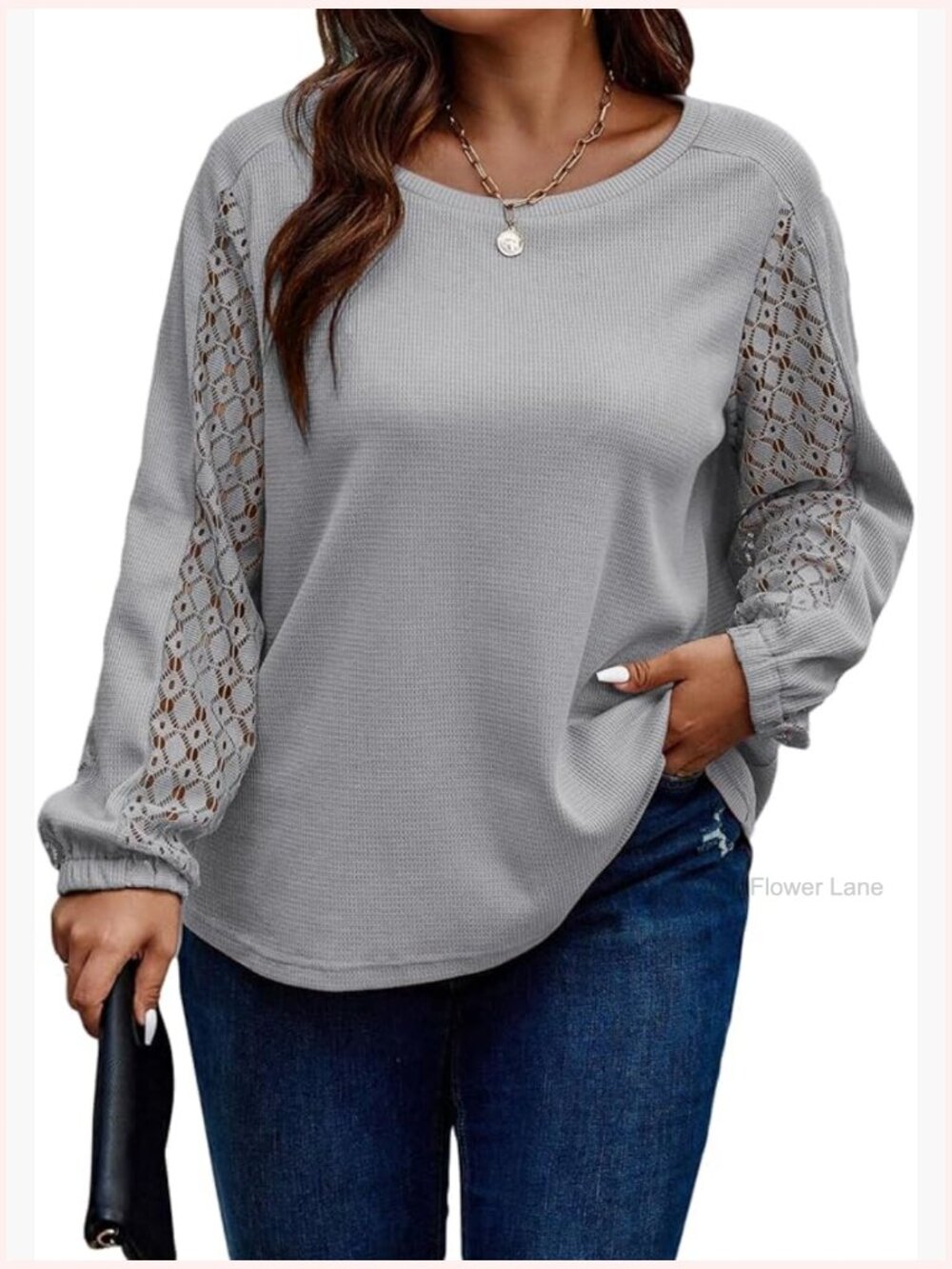 Womens Plus Size Long Sleeve Lace Waffle Knit Tunic Tee Shirt